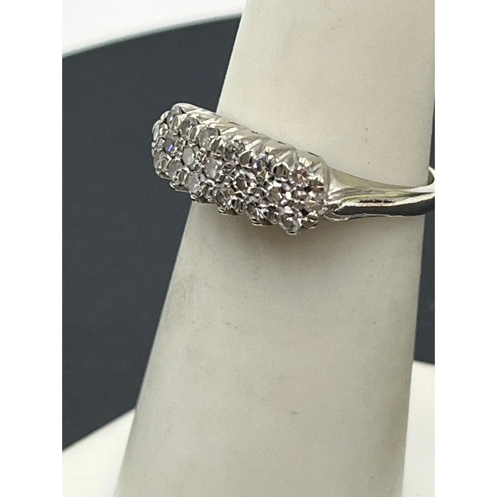 LAH 14K Vintage White Gold Triple-Row Diamond Prong Round Cluster Ring Sz 6.5